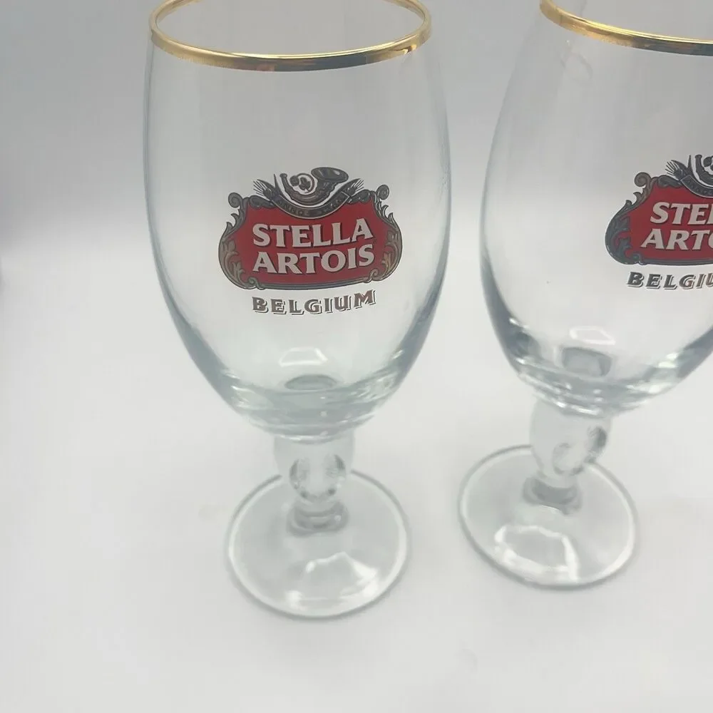 STELLA ARTOIS Belgium Chalice Beer Glass 33 CL Gold Rim (Set Of 2)